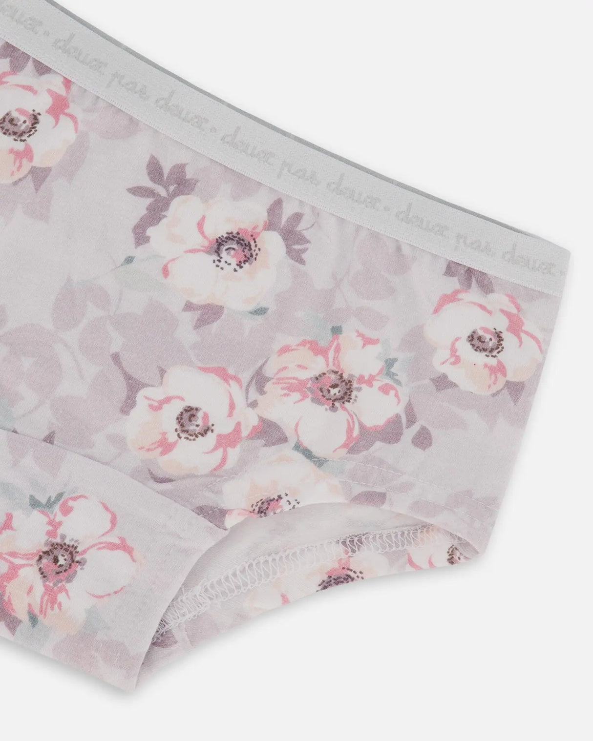 Printed Organic Cotton Boyshort Panty Pale Pink Flowers On Neutral Lilac | Deux par Deux | Jenni Kidz