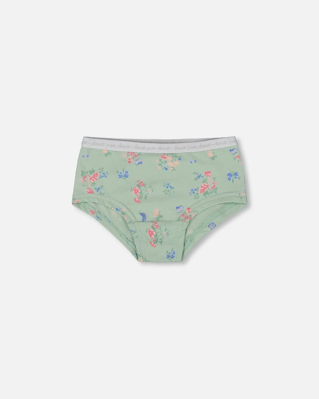 Printed Organic Cotton Boyshort Panty Small Pink And Blue Flowers On Light Sage | Deux par Deux | Jenni Kidz