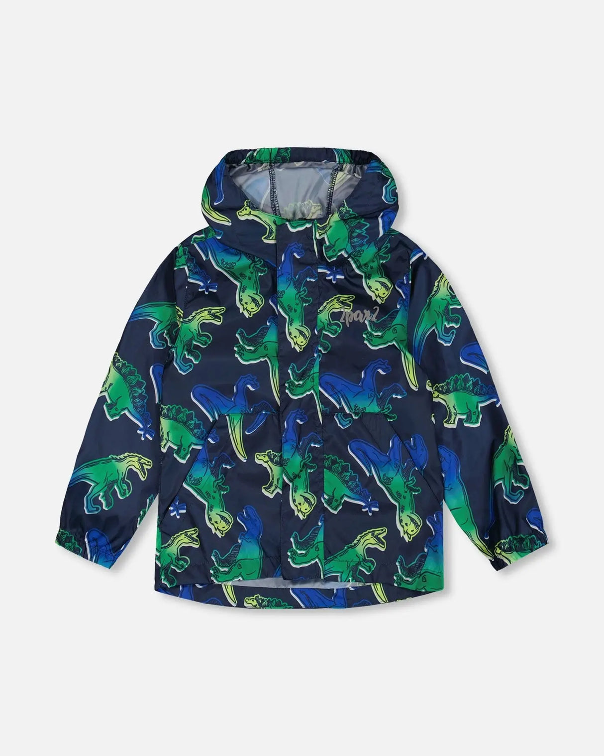 Printed Packable Windbreaker Blue And Green Dino On Navy | Deux par Deux | Jenni Kidz