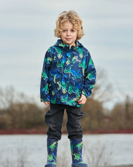 Printed Packable Windbreaker Blue And Green Dino On Navy | Deux par Deux | Jenni Kidz