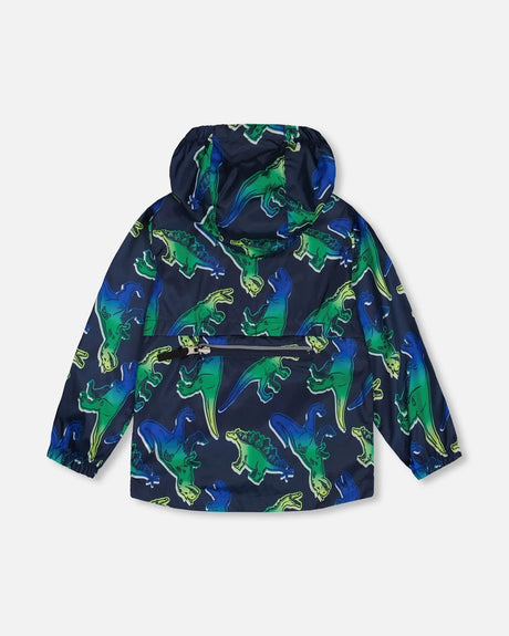 Printed Packable Windbreaker Blue And Green Dino On Navy | Deux par Deux | Jenni Kidz