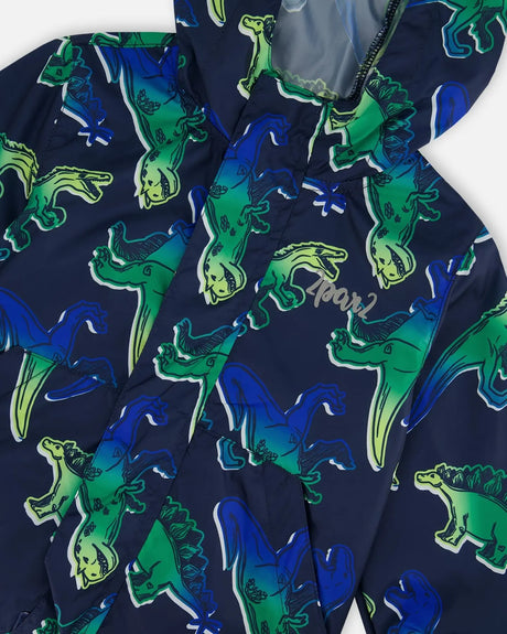 Printed Packable Windbreaker Blue And Green Dino On Navy | Deux par Deux | Jenni Kidz