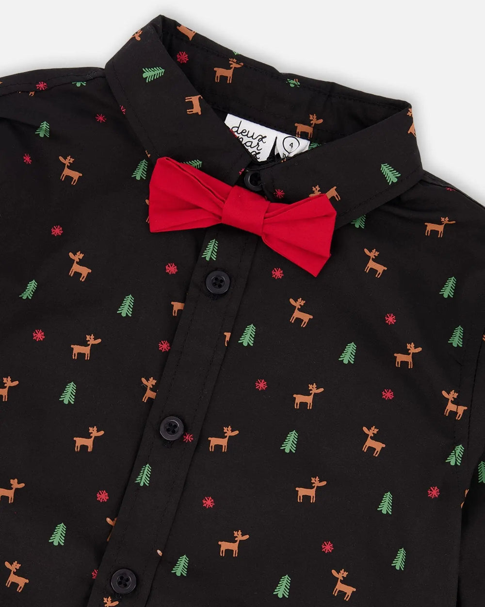 Printed Poplin Shirt Black And Multicolor With Bow Tie | Deux par Deux | Jenni Kidz