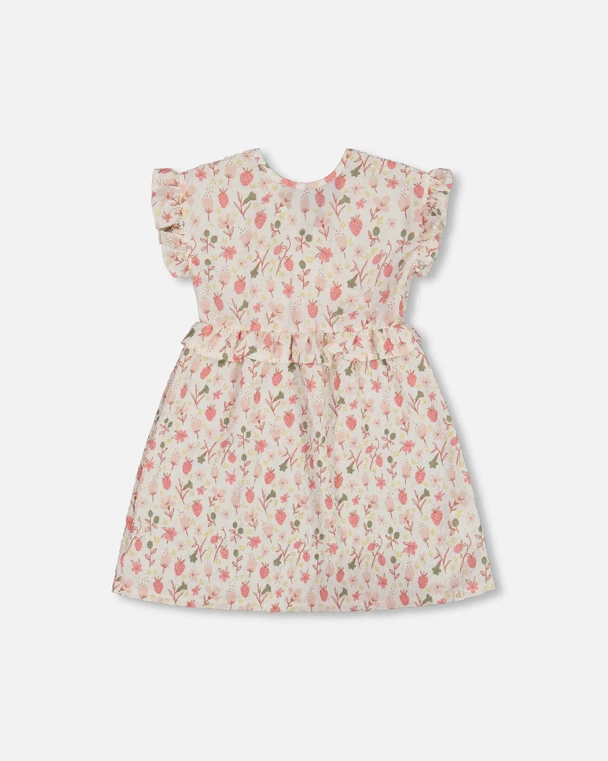 Printed Seersucker Dress With Frill Pink Flowers On Cream Background | Deux par Deux | Jenni Kidz