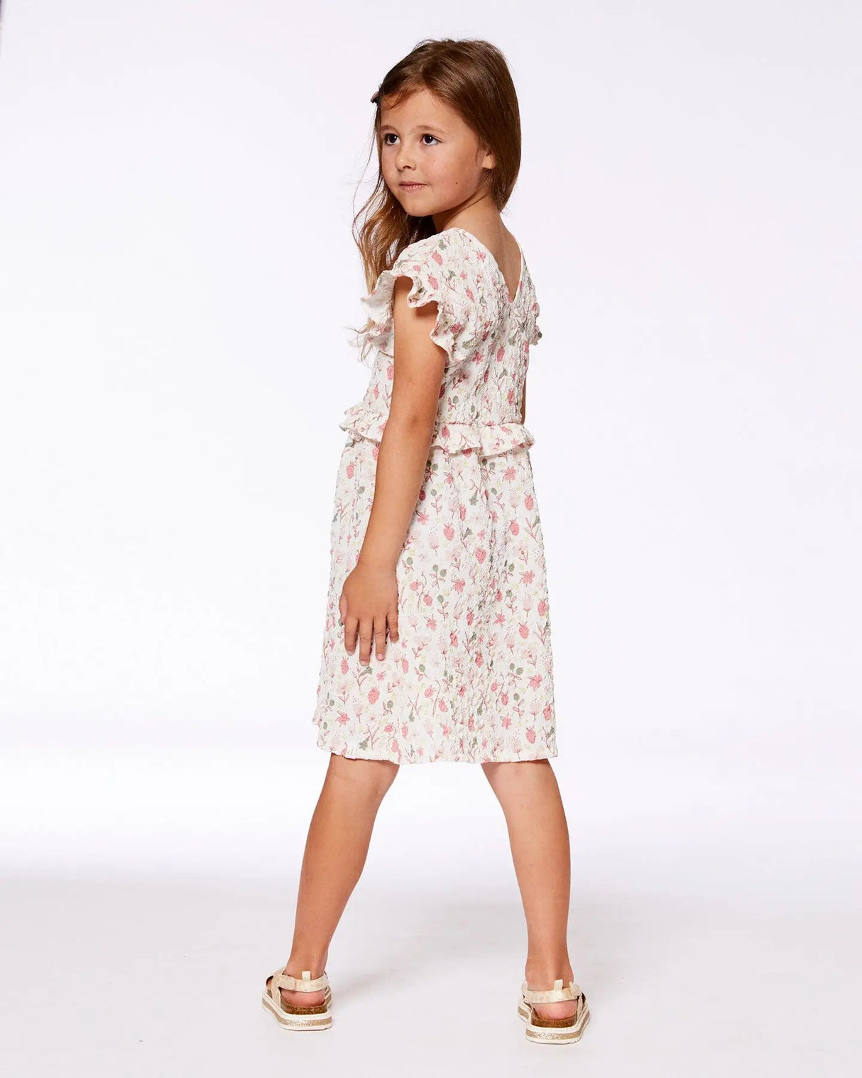 Printed Seersucker Dress With Frill Pink Flowers On Cream Background | Deux par Deux | Jenni Kidz