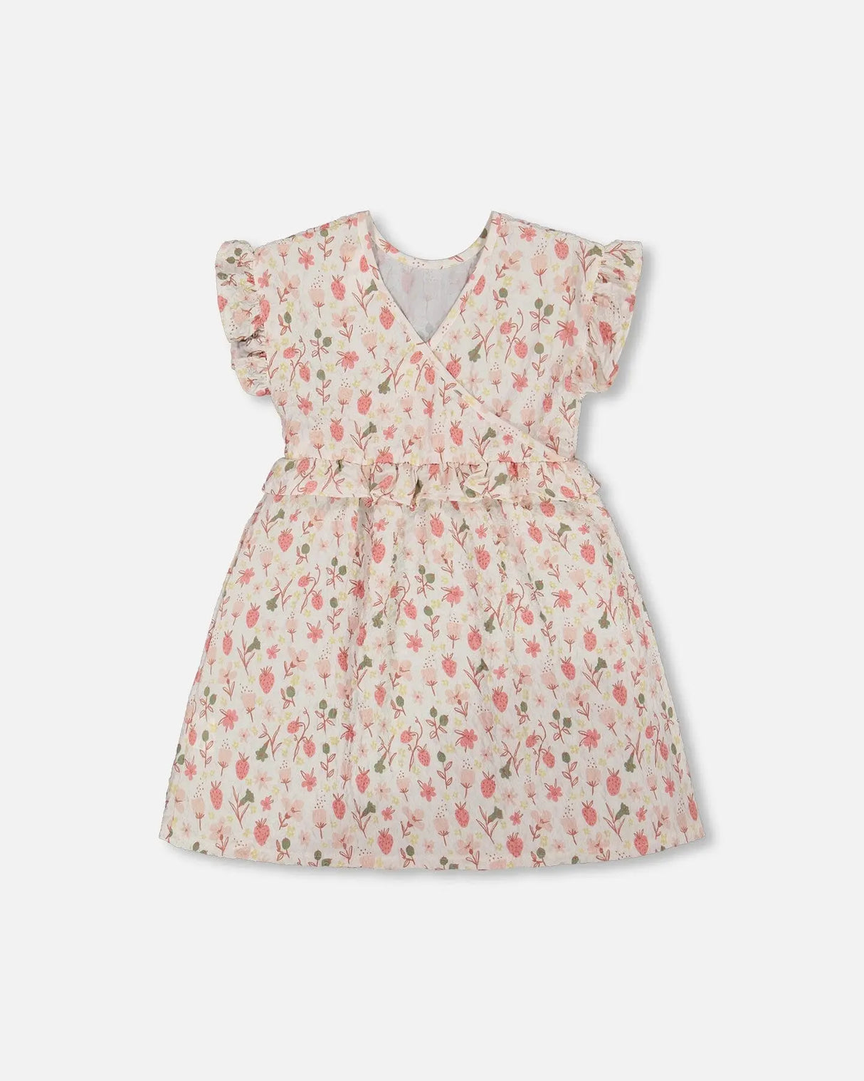 Printed Seersucker Dress With Frill Pink Flowers On Cream Background | Deux par Deux | Jenni Kidz