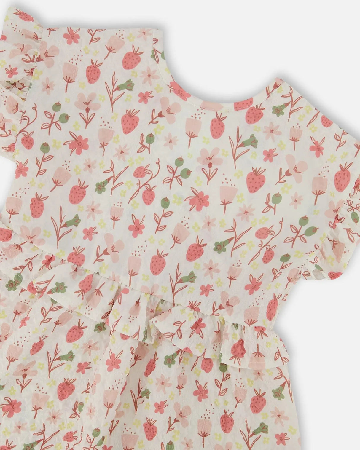 Printed Seersucker Dress With Frill Pink Flowers On Cream Background | Deux par Deux | Jenni Kidz