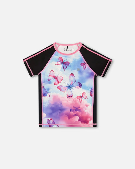 Printed Short Sleeve Athletic Top Pink, Black And Butterfly | Deux par Deux | Jenni Kidz