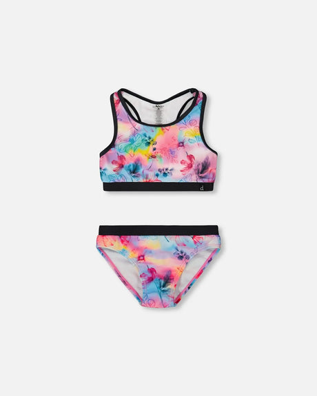 Printed Two-Piece Racerback Swimsuit Butterflies On Multicolored And Black Background | Deux par Deux | Jenni Kidz