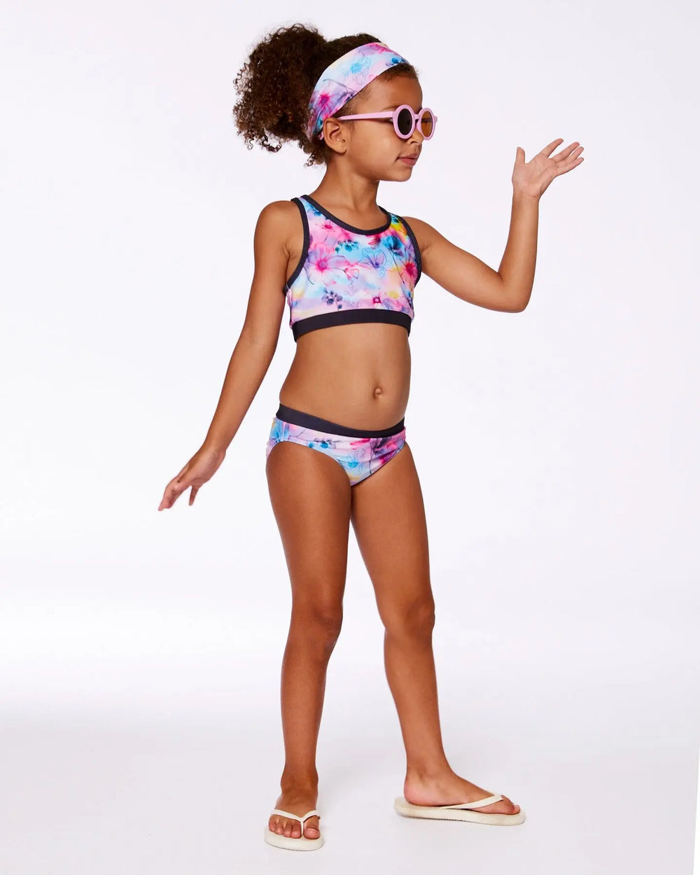 Printed Two-Piece Racerback Swimsuit Butterflies On Multicolored And Black Background | Deux par Deux | Jenni Kidz