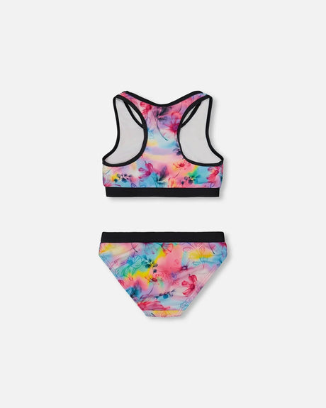 Printed Two-Piece Racerback Swimsuit Butterflies On Multicolored And Black Background | Deux par Deux | Jenni Kidz