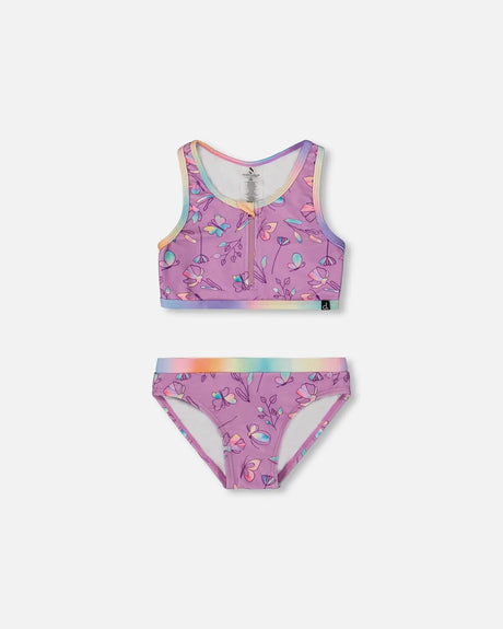 Printed Two-Piece Swimsuit Old Mauve And Multicolored Butterflies | Deux par Deux | Jenni Kidz