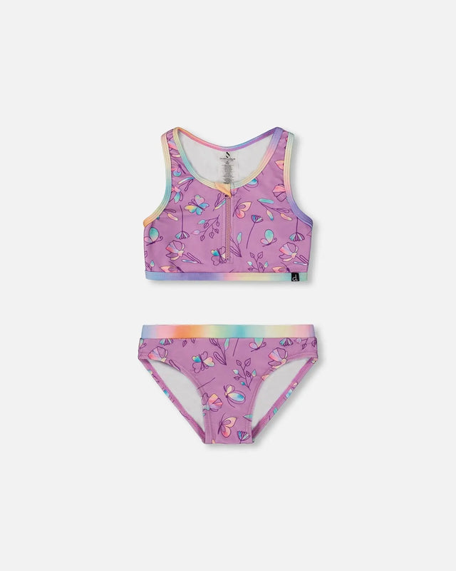 Printed Two-Piece Swimsuit Old Mauve And Multicolored Butterflies | Deux par Deux | Jenni Kidz