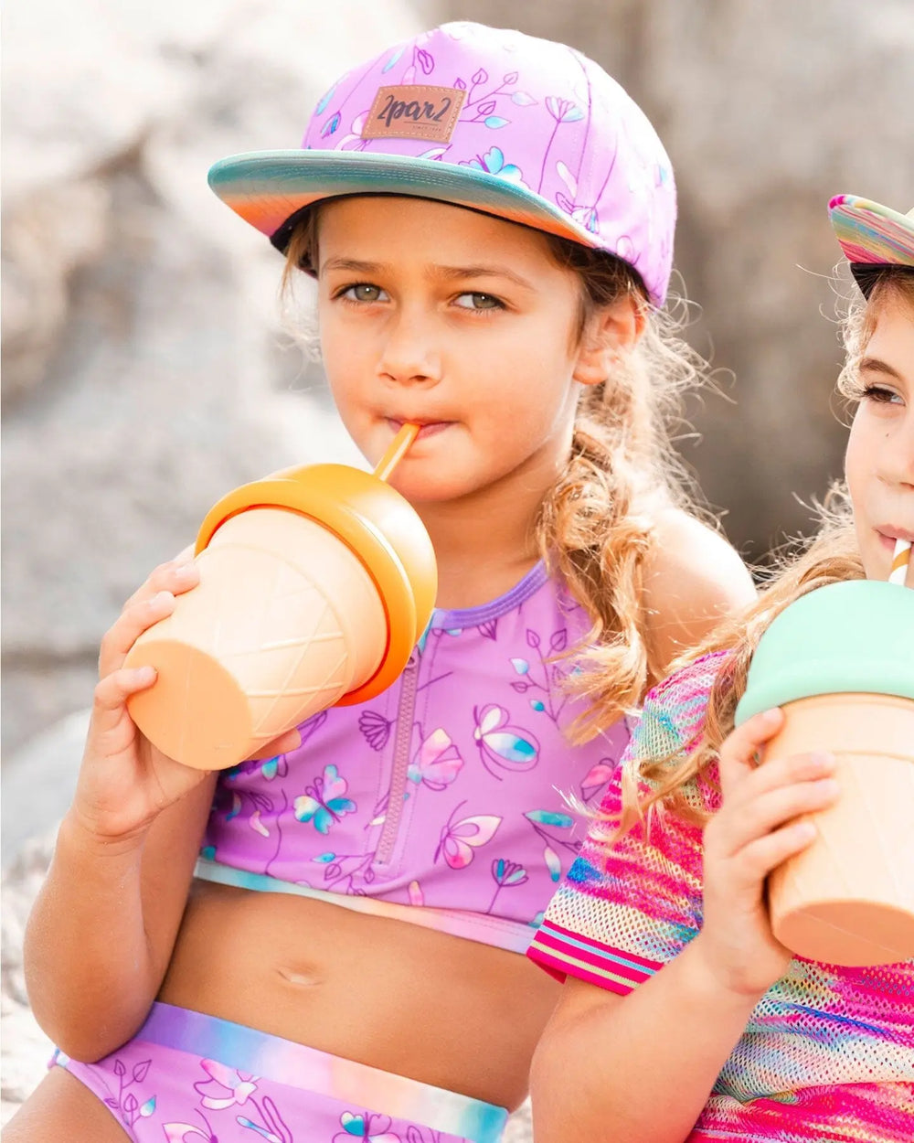 Printed Two-Piece Swimsuit Old Mauve And Multicolored Butterflies | Deux par Deux | Jenni Kidz