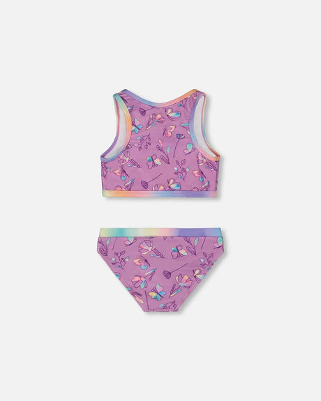 Printed Two-Piece Swimsuit Old Mauve And Multicolored Butterflies | Deux par Deux | Jenni Kidz