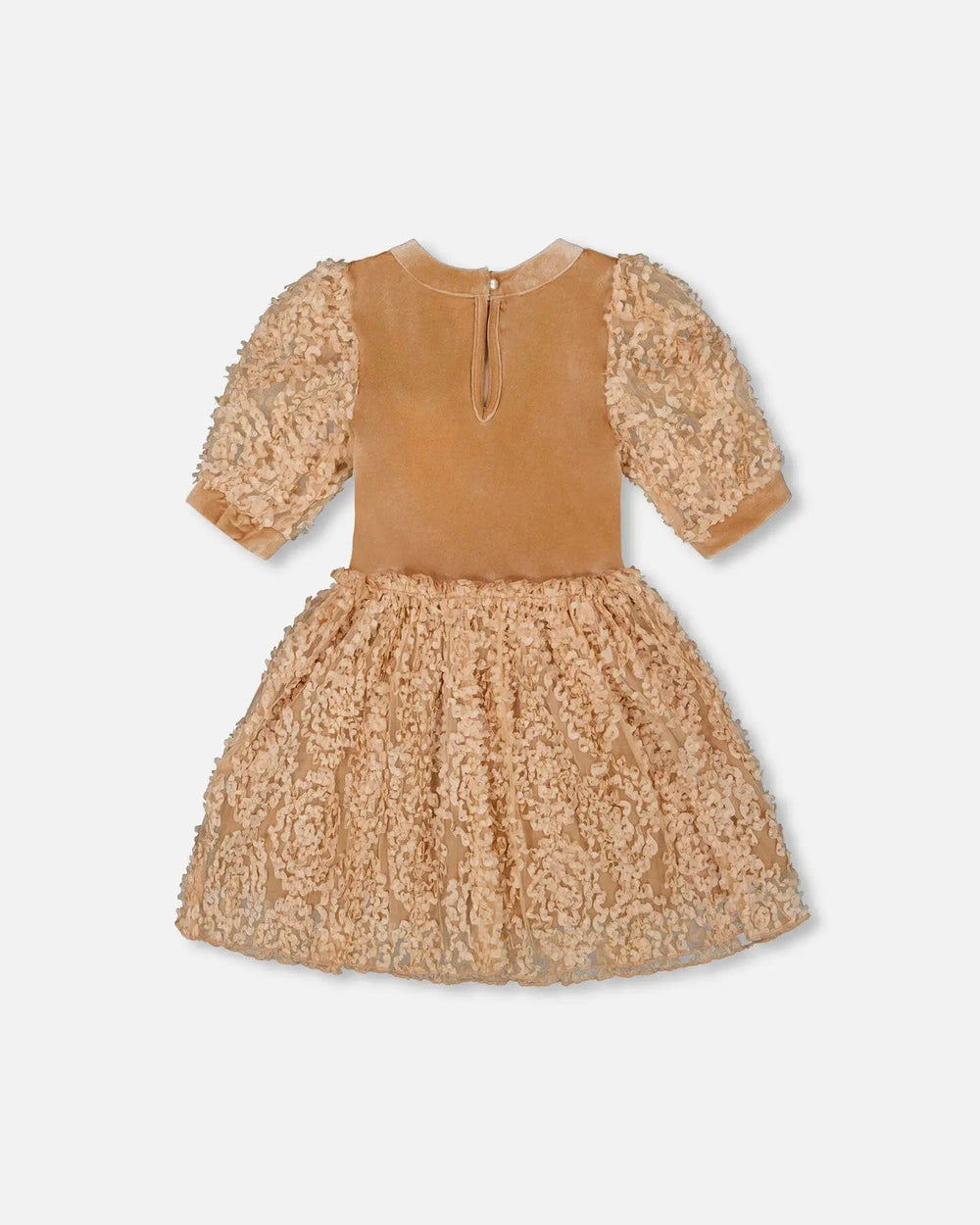 Puff Sleeve Bi-Material Velour And Lace Dress Light Caramel | Deux par Deux | Jenni Kidz