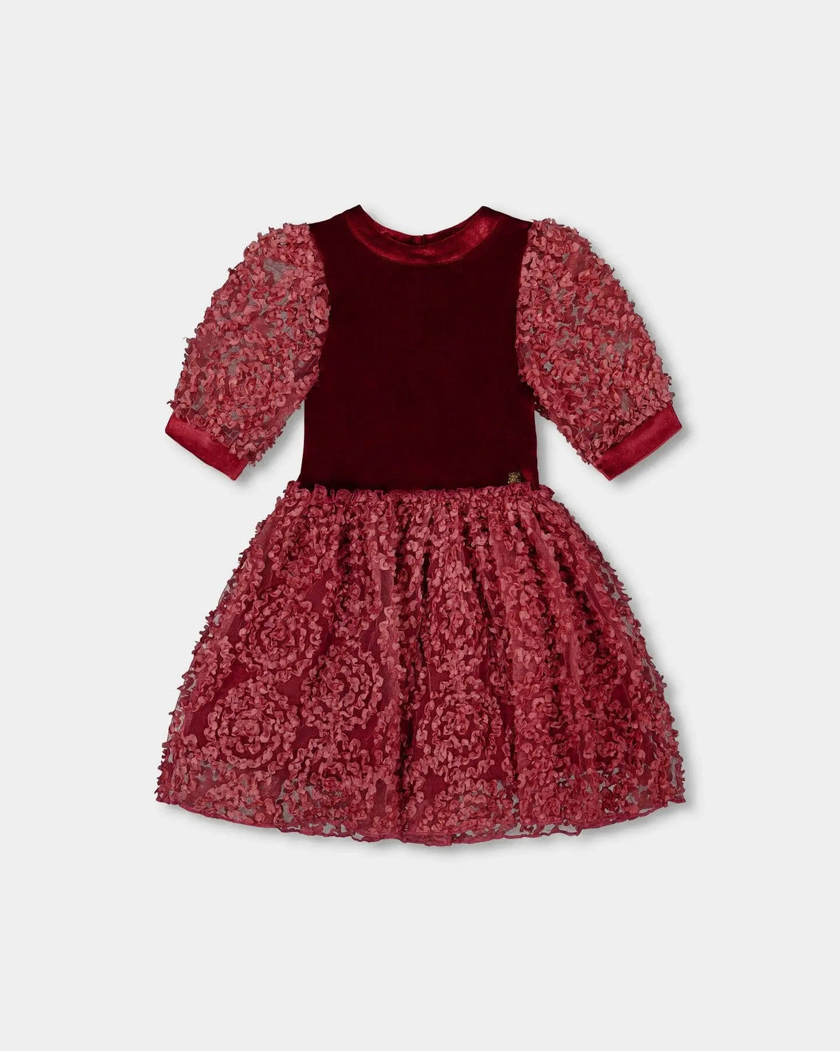 Puff Sleeve Bi-Material Velour And Lace Dress Red | Deux par Deux | Jenni Kidz