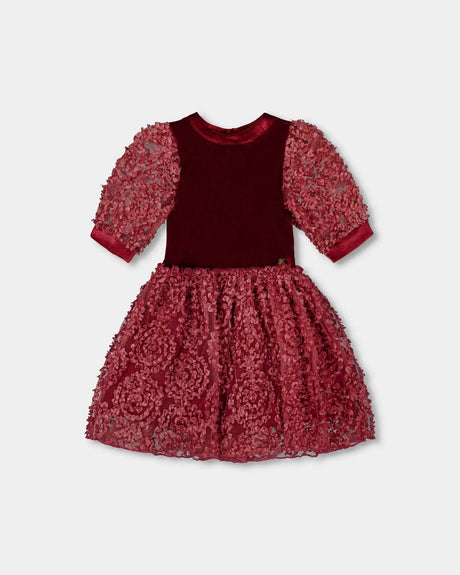 Puff Sleeve Bi-Material Velour And Lace Dress Red | Deux par Deux | Jenni Kidz