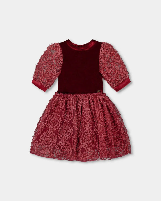 Puff Sleeve Bi-Material Velour And Lace Dress Red | Deux par Deux | Jenni Kidz