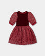Puff Sleeve Bi-Material Velour And Lace Dress Red | Deux par Deux | Jenni Kidz