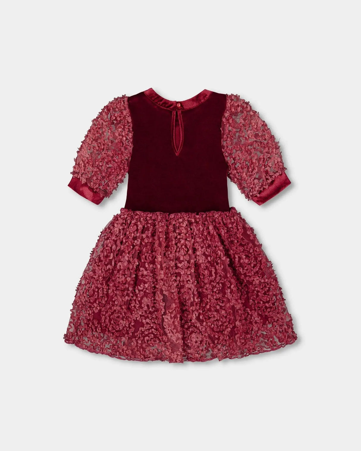 Puff Sleeve Bi-Material Velour And Lace Dress Red | Deux par Deux | Jenni Kidz
