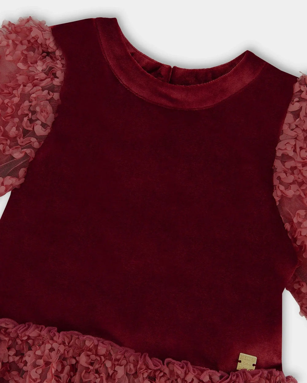 Puff Sleeve Bi-Material Velour And Lace Dress Red | Deux par Deux | Jenni Kidz