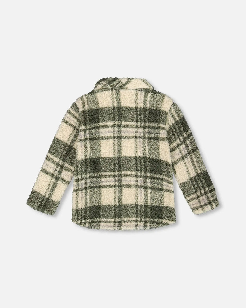 Sherpa Long Sleeve Zip Front Overshirt Sage And Beige Plaid | Deux par Deux | Jenni Kidz