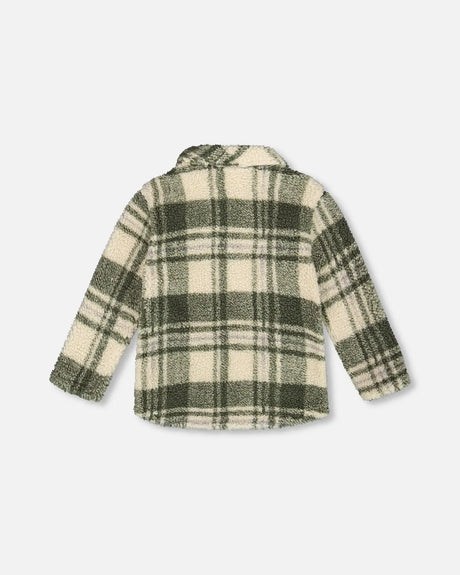 Sherpa Long Sleeve Zip Front Overshirt Sage And Beige Plaid | Deux par Deux | Jenni Kidz