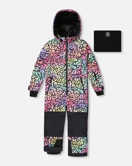Shop Deux par Deux rainbow leopard one-piece TEKNIK snowsuit – front view