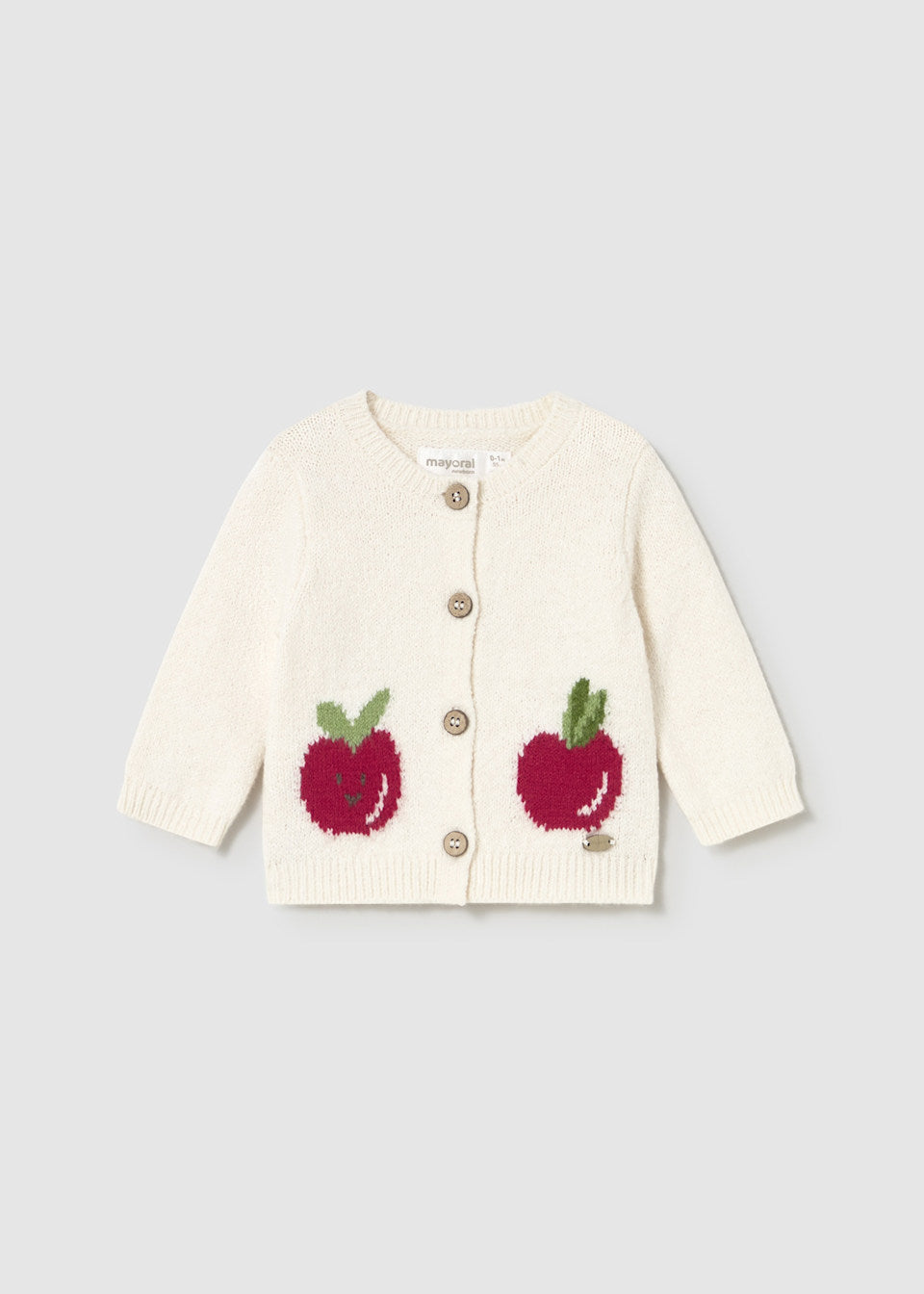 Shop Mayoral newborn girl knit cardigan with fruit embroidery in cream color – front view