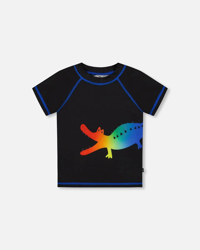 Short Sleeve Rashguard Black And Multicolored Crocodiles | Deux par Deux | Jenni Kidz