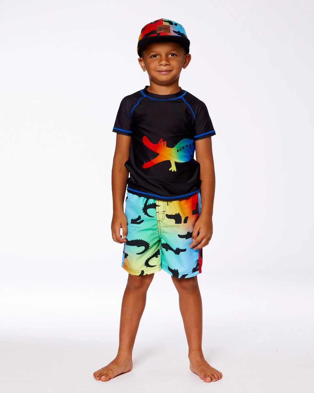 Short Sleeve Rashguard Black And Multicolored Crocodiles | Deux par Deux | Jenni Kidz