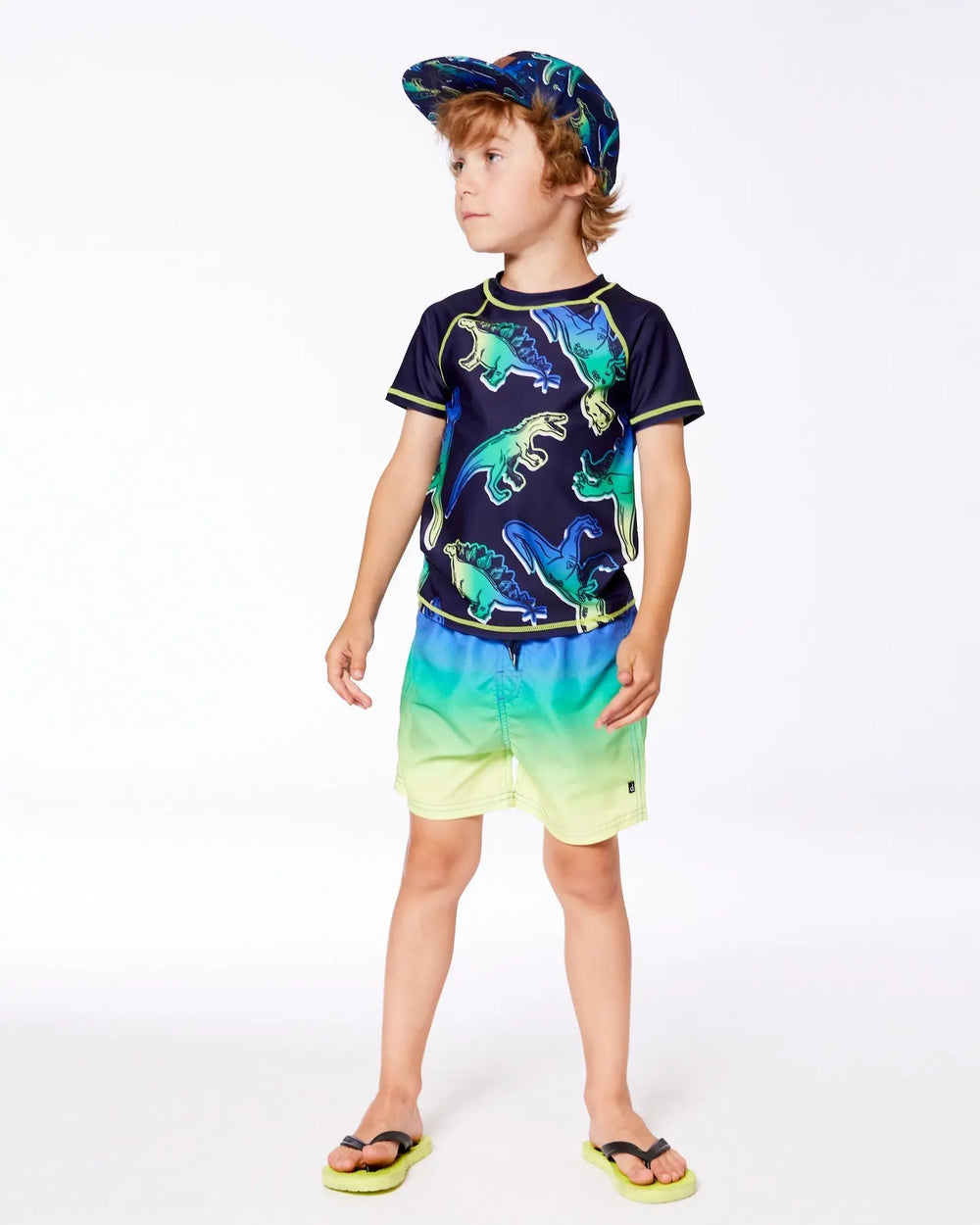 Short Sleeve Rashguard Blue And Green Dino On Navy | Deux par Deux | Jenni Kidz