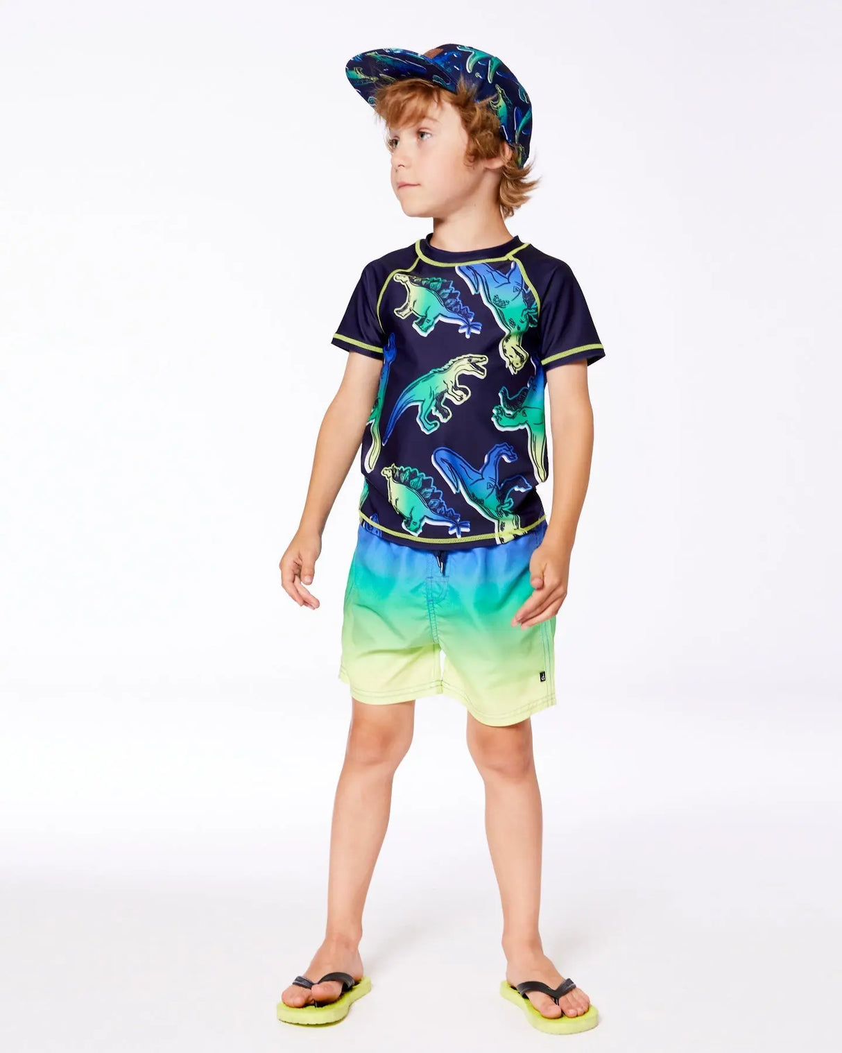 Short Sleeve Rashguard Blue And Green Dino On Navy | Deux par Deux | Jenni Kidz
