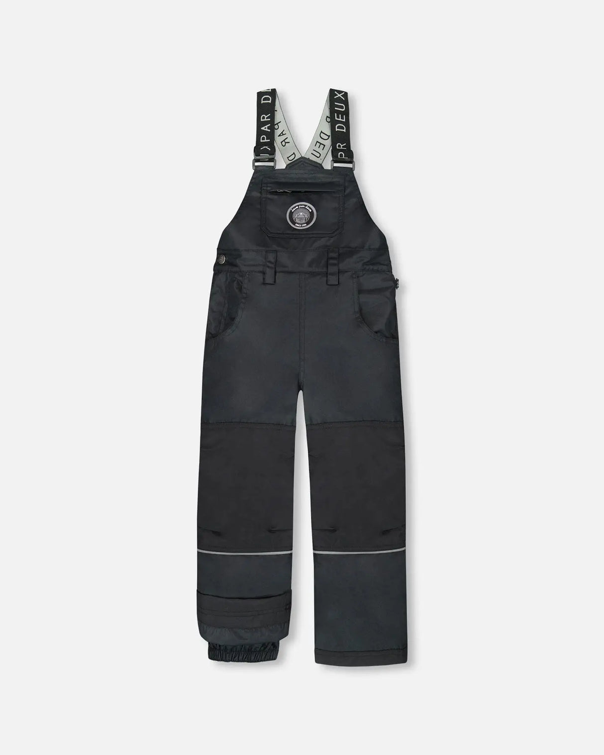 Flat lay of boys Solid Black snow bib overall with reinforced knees.