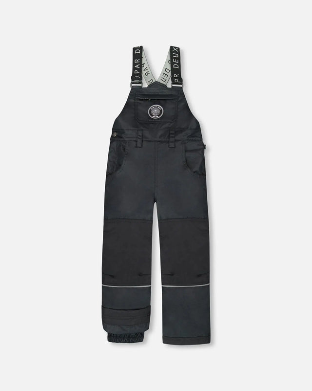Flat lay of boys Solid Black snow bib overall with reinforced knees.
