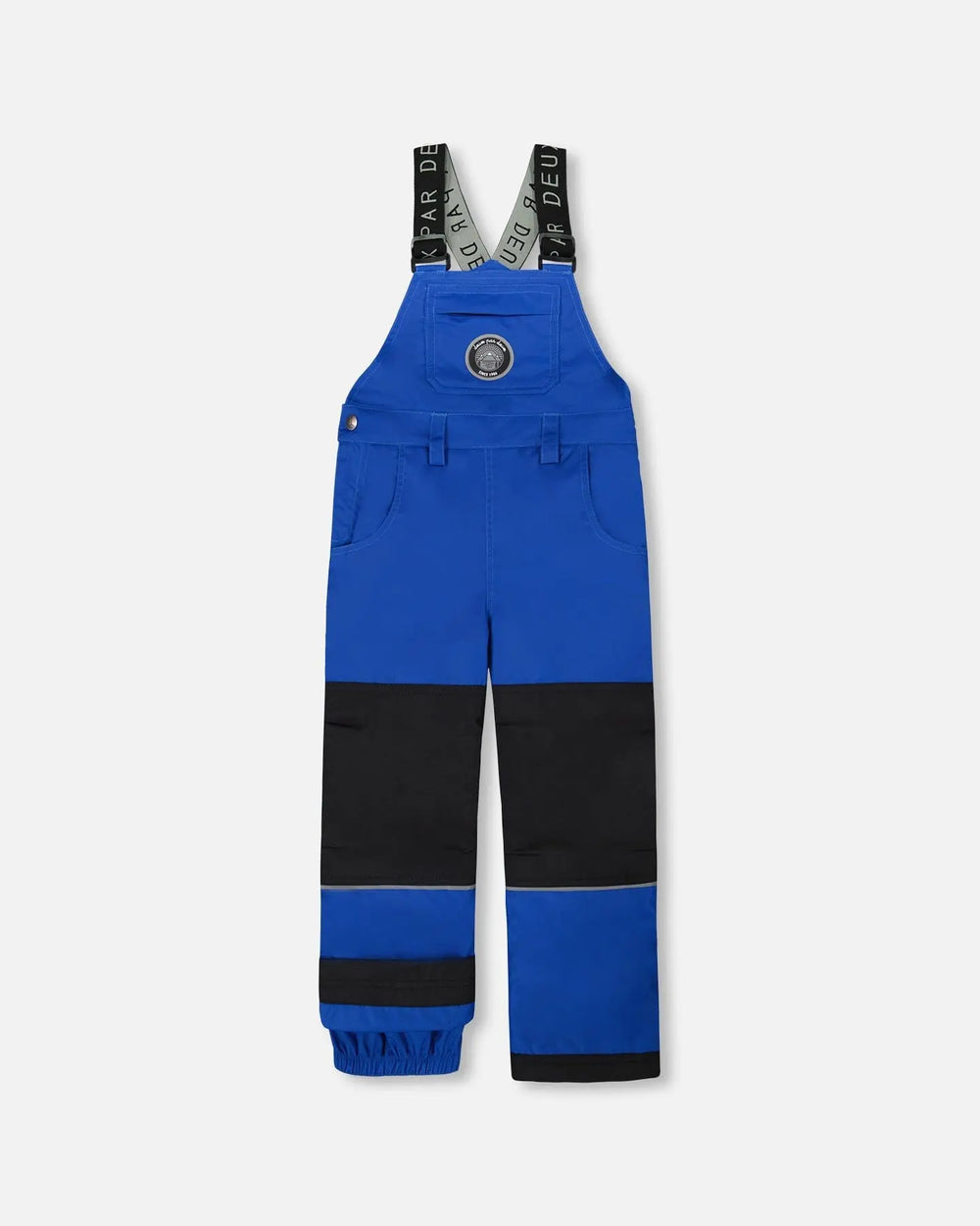 Flat lay of boys Solid Blue snow bib overall with reinforced knees.