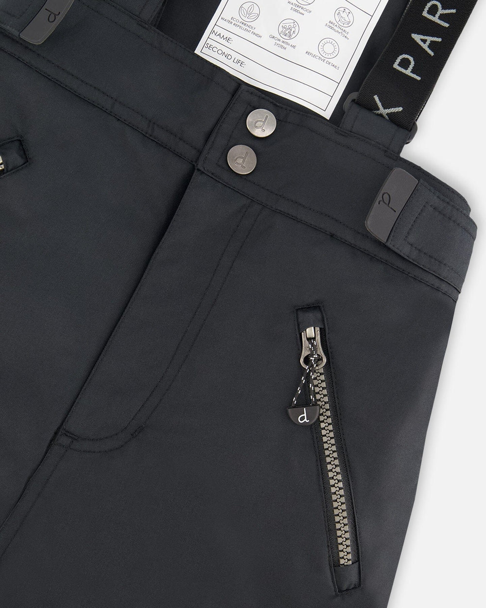 Closeup of pocket zip and suspenders, Cordura panel detail.