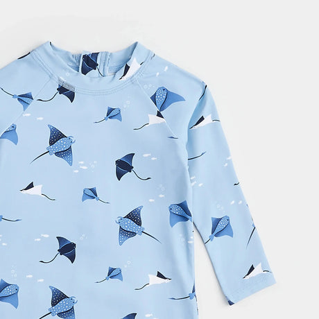 Stingray Print On Sky Blue Long-Sleeve Swim Romper | Petit Lem | Petit Lem | Jenni Kidz