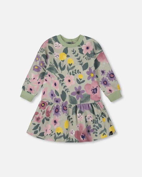 Stretch Fleece Dress Sage Floral | Deux par Deux | Jenni Kidz