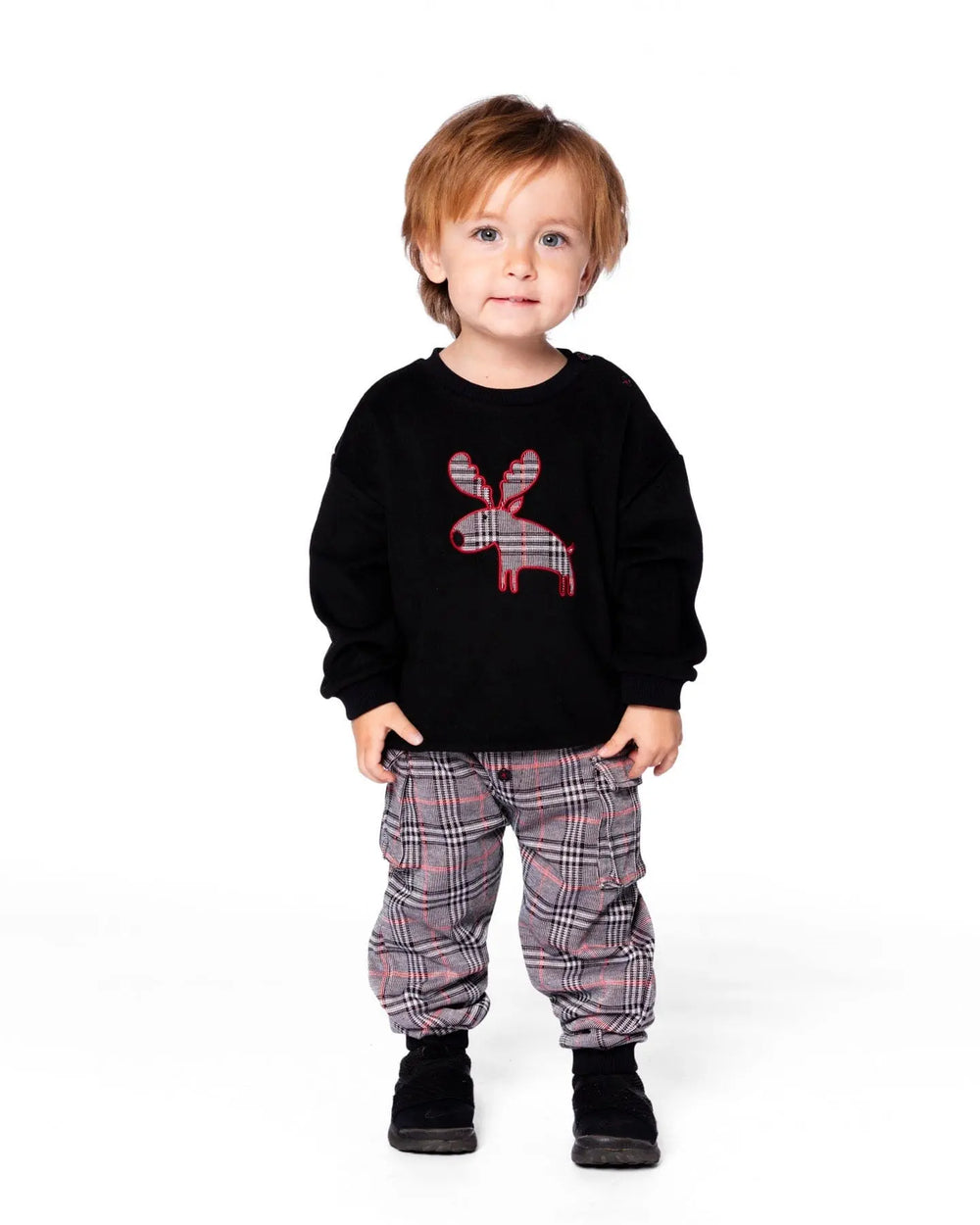 Sweater And Cargo Pants Set Black With Moose Applique | Deux par Deux | Jenni Kidz