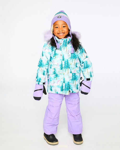 Child wearing Deux Par Deux Discover lavender snowsuit set, fleece-lined, breathable, snow-ready.