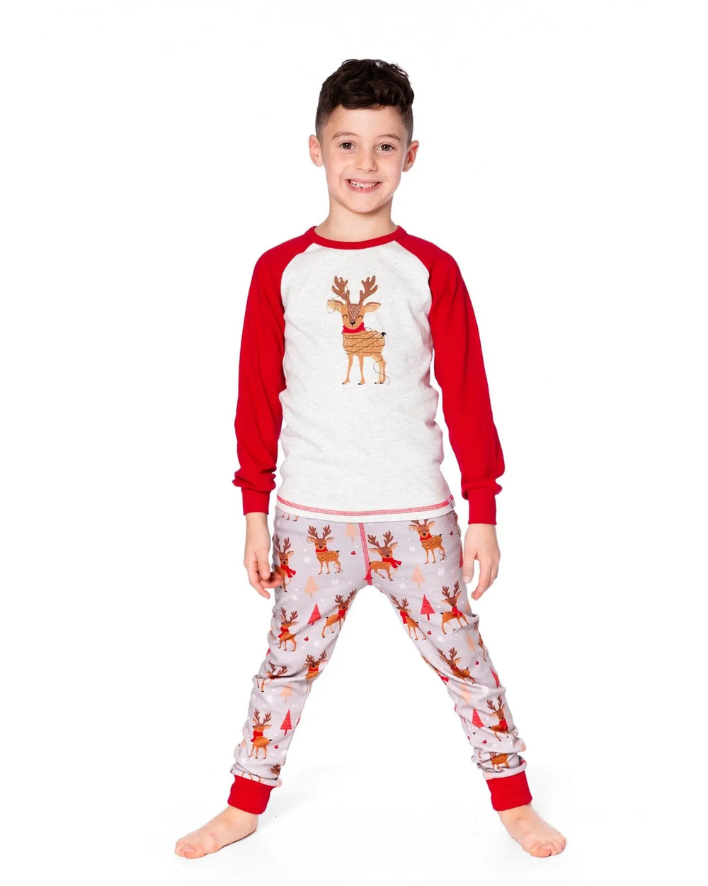 Two-Piece Organic Cotton Pajama Set Beige Reindeer Print | Deux par Deux | Jenni Kidz