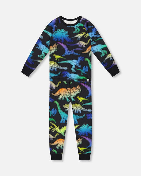 Two-Piece Organic Cotton Pajama Set Black Dinosaur Print | Deux par Deux | Jenni Kidz