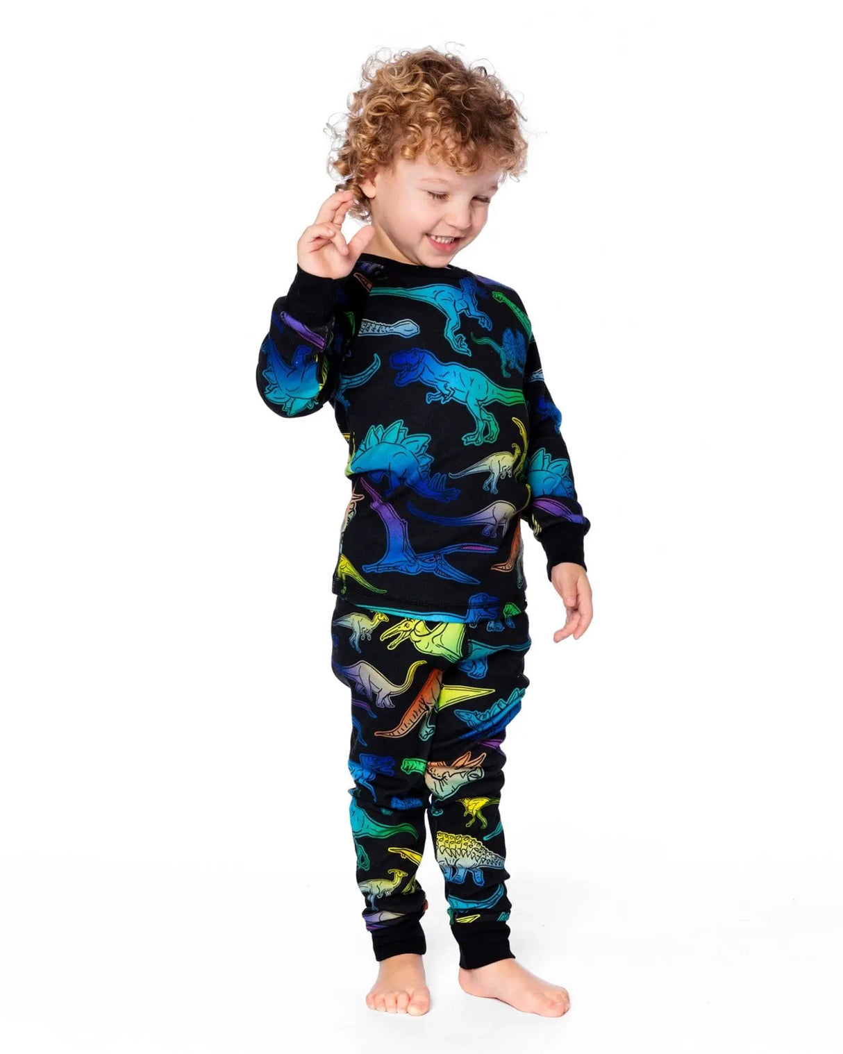 Two-Piece Organic Cotton Pajama Set Black Dinosaur Print | Deux par Deux | Jenni Kidz