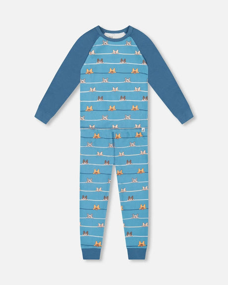 Two-Piece Organic Cotton Pajama Set Blue Dog Print | Deux par Deux | Jenni Kidz
