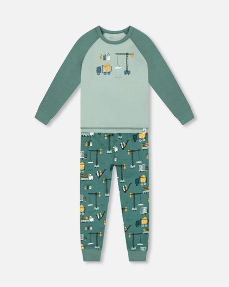 Two-Piece Organic Cotton Pajama Set Teal Construction Print | Deux par Deux | Jenni Kidz
