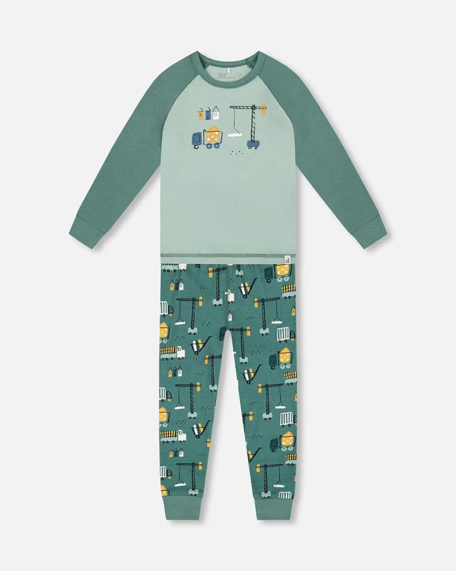 Two-Piece Organic Cotton Pajama Set Teal Construction Print | Deux par Deux | Jenni Kidz