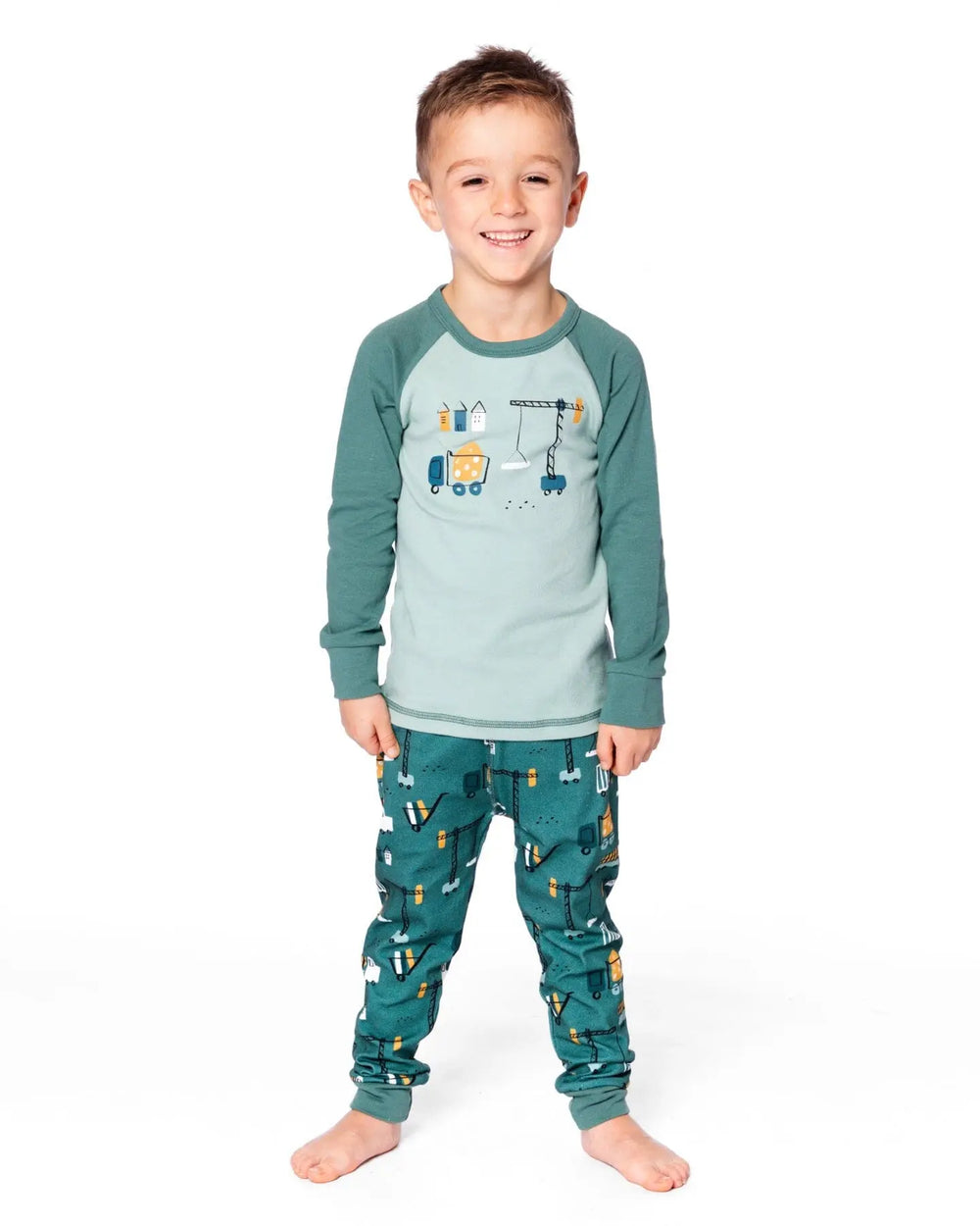 Two-Piece Organic Cotton Pajama Set Teal Construction Print | Deux par Deux | Jenni Kidz