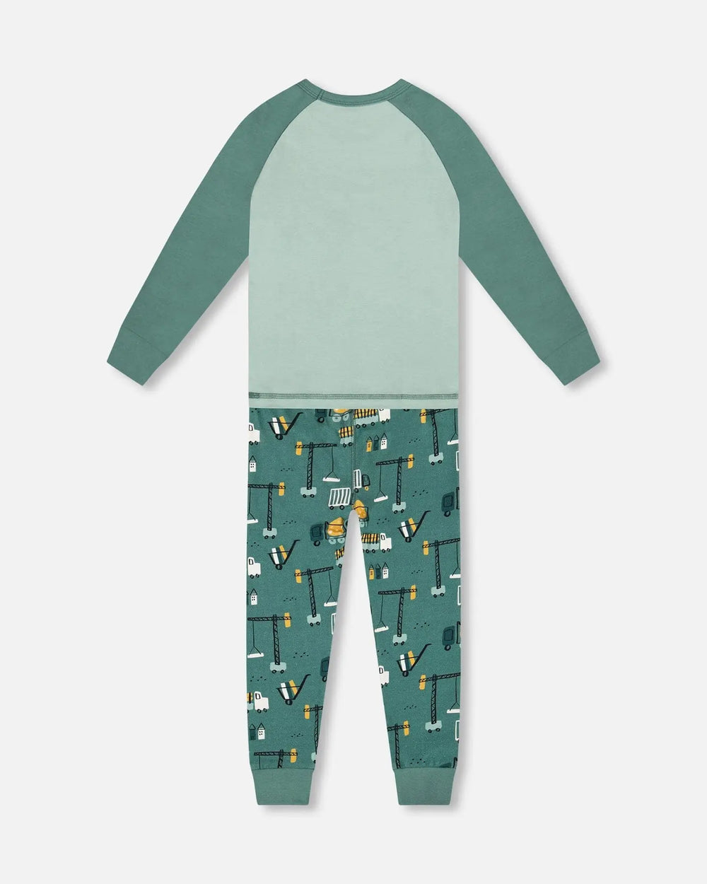 Two-Piece Organic Cotton Pajama Set Teal Construction Print | Deux par Deux | Jenni Kidz